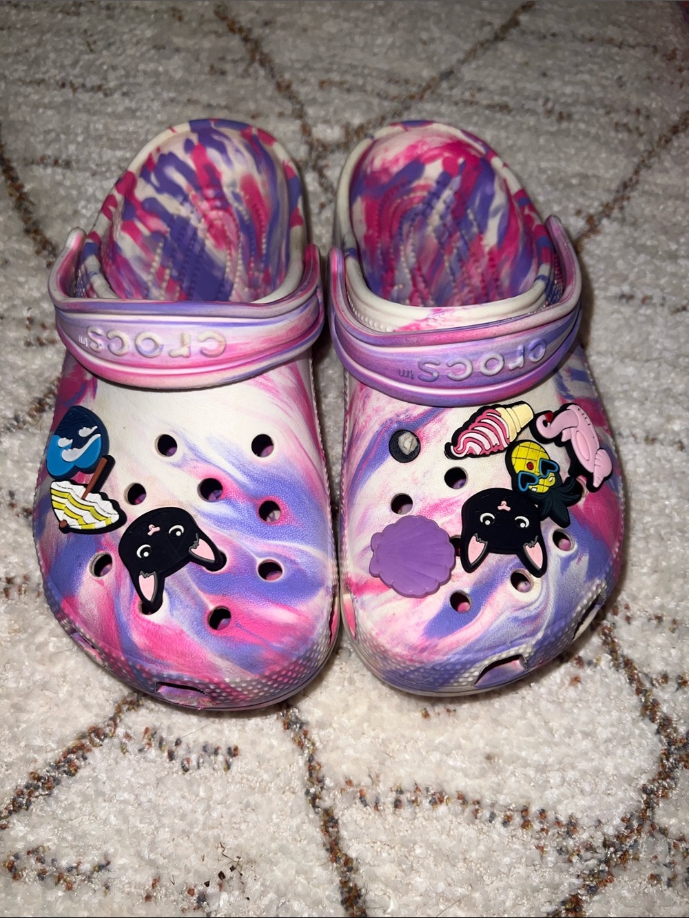 CROCS Kids Pink Purple Swirl Clog Sandals with Fun Charms